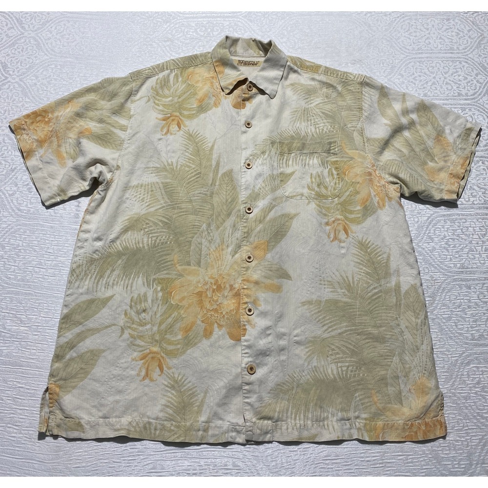 Tommy Bahama Mens Large 100% Silk Tropical Floral Palm Hawaiian Camp Shirt Beige
